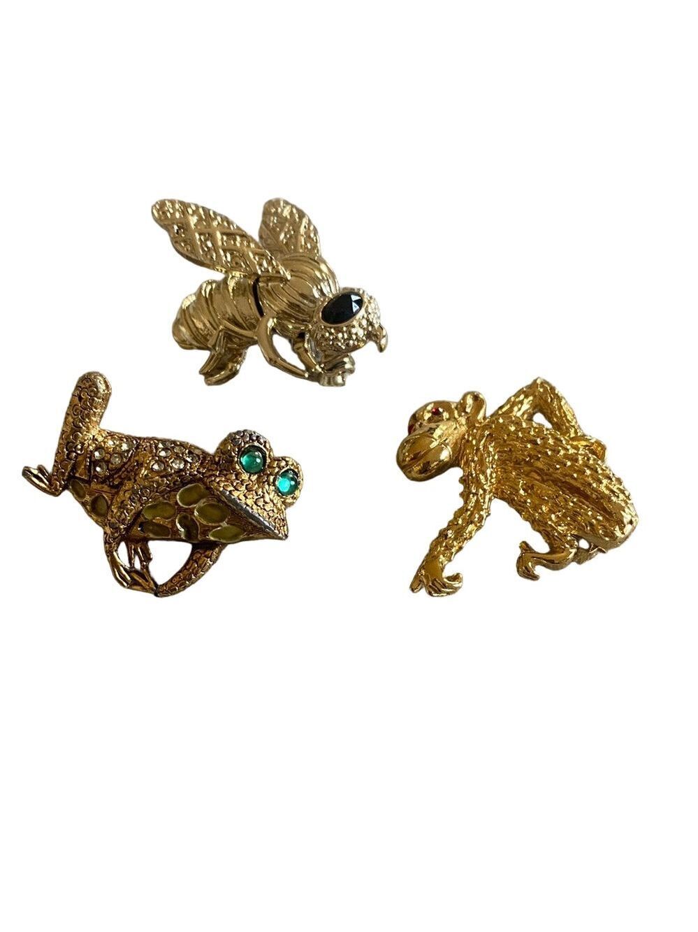 Bee, monkey and frog pins Set of 3 with Gem Accents Vintage